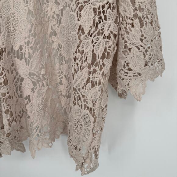 RnB Beige Floral Crochet Women's L Lace Open Front Cardigan Lace Kimono - Picture 3 of 7